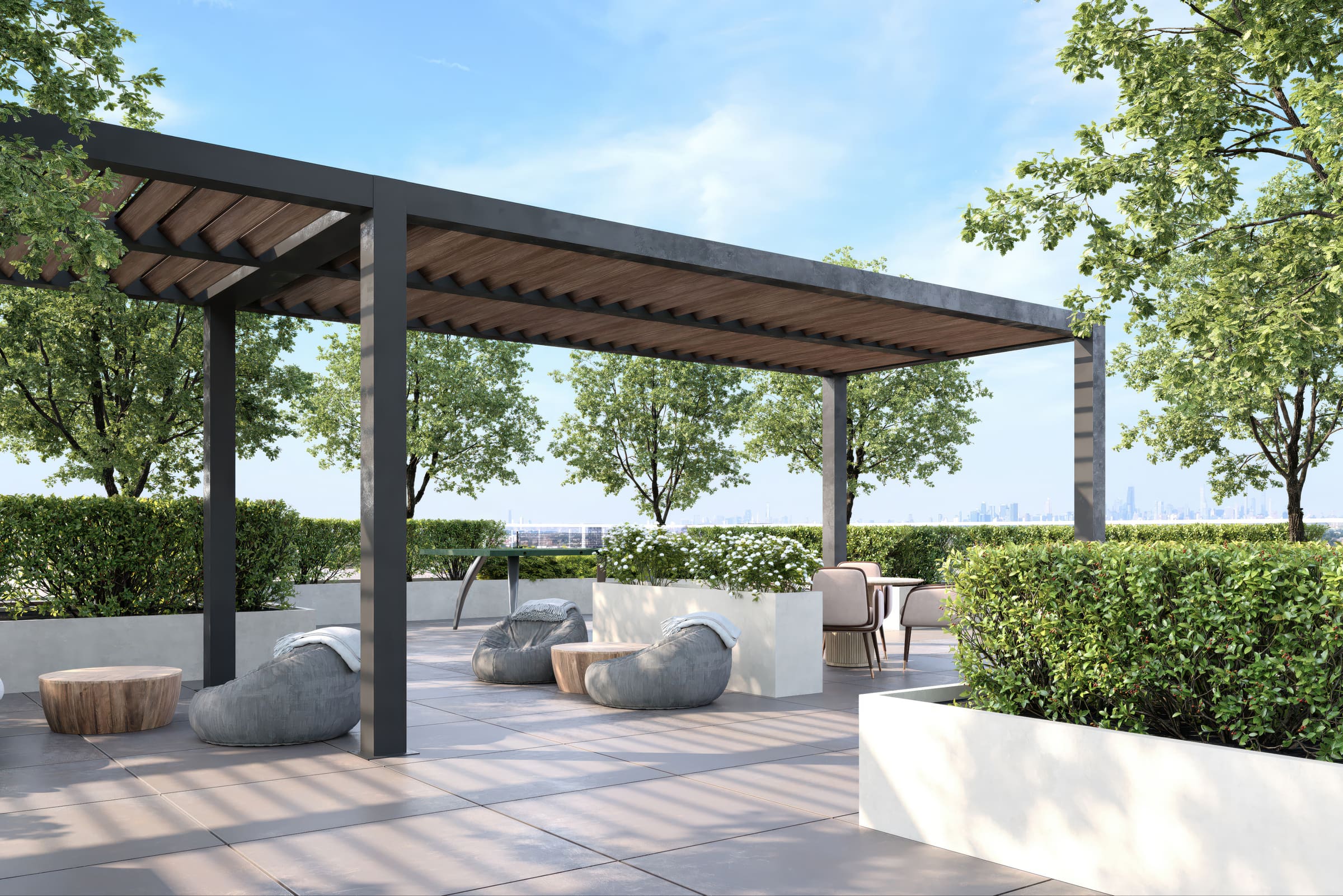 A landscaped rooftop terrace with a wood pergola, lounge seating, and a distant skyline view