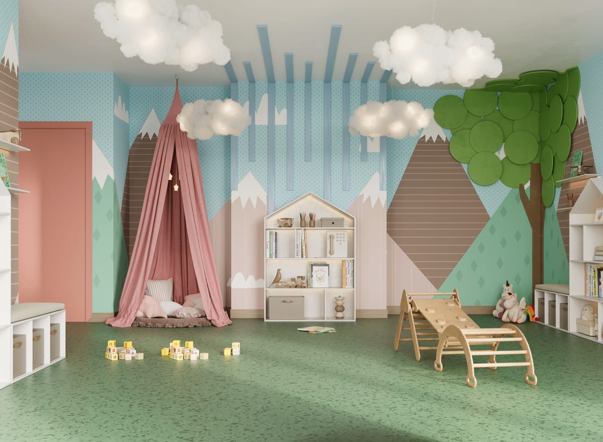 A children's playroom with Scandinavian design and soft-cushioned play structures