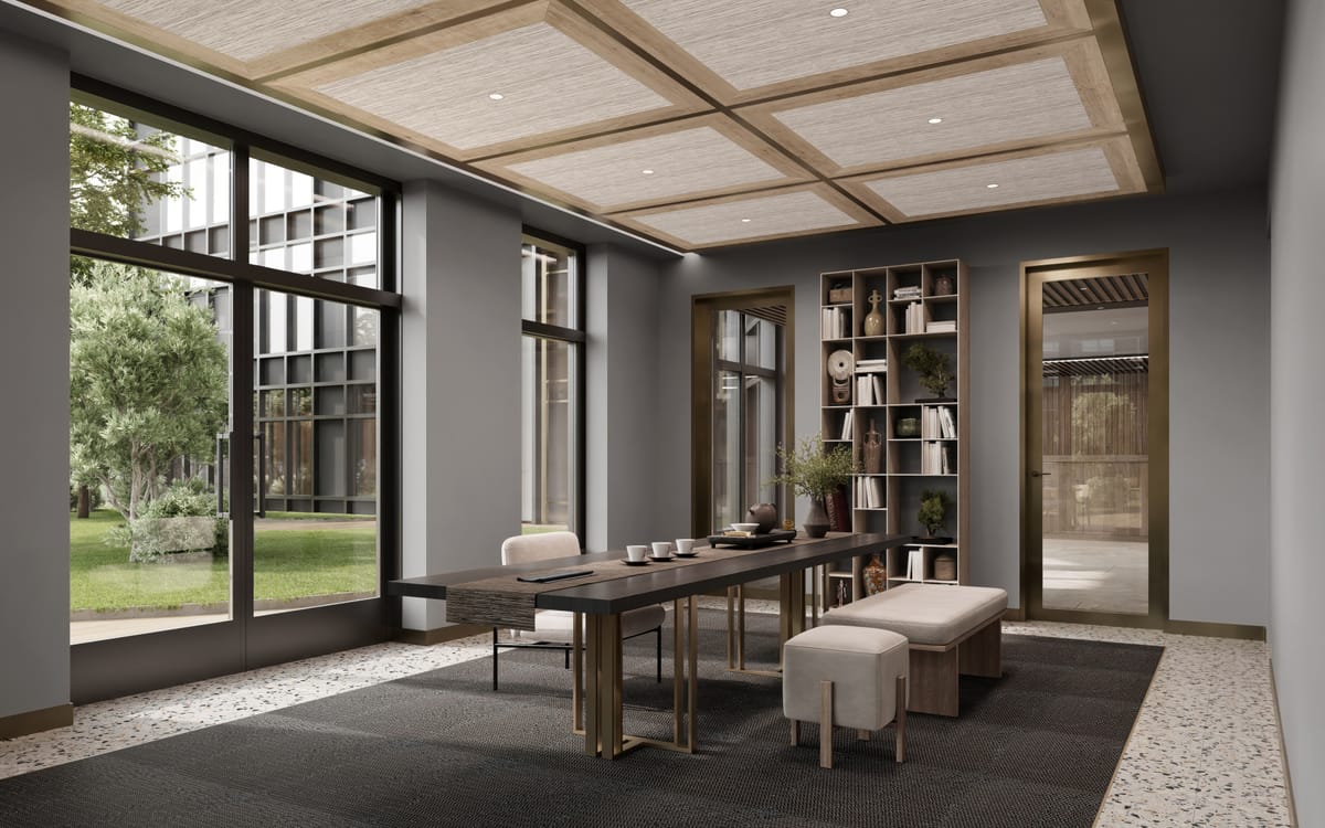 A flexible tea room with private dining infrastructure and sliding panels