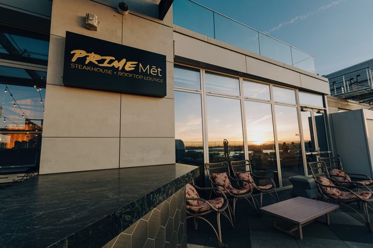 The Prime Mét steakhouse and rooftop lounge at sunset