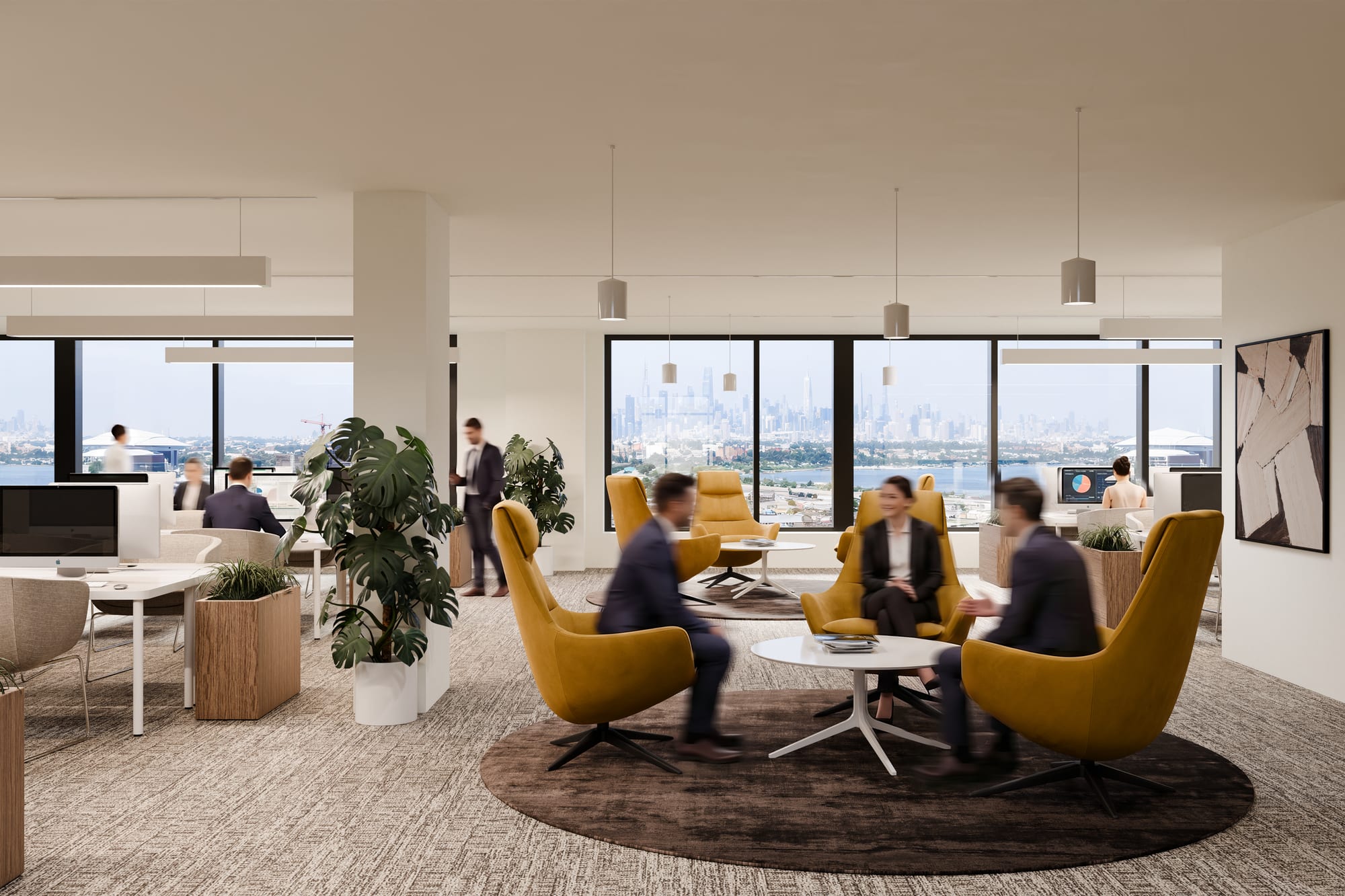 A bright, modern commercial office floor at One College Point Square with lounge seating and floor-to-ceiling windows overlooking the Flushing waterfront and Manhattan skyline