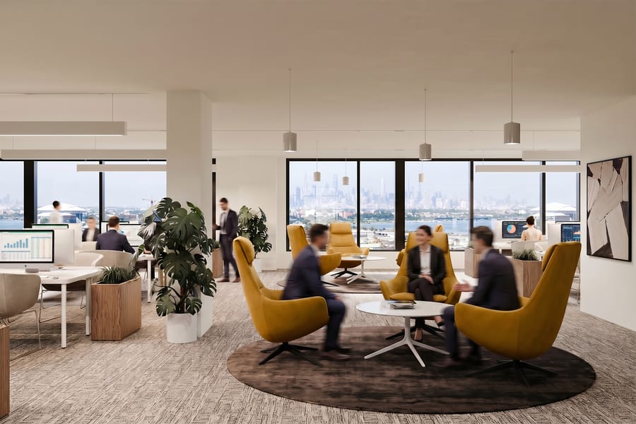 A bright commercial floor with lounge seating and skyline views