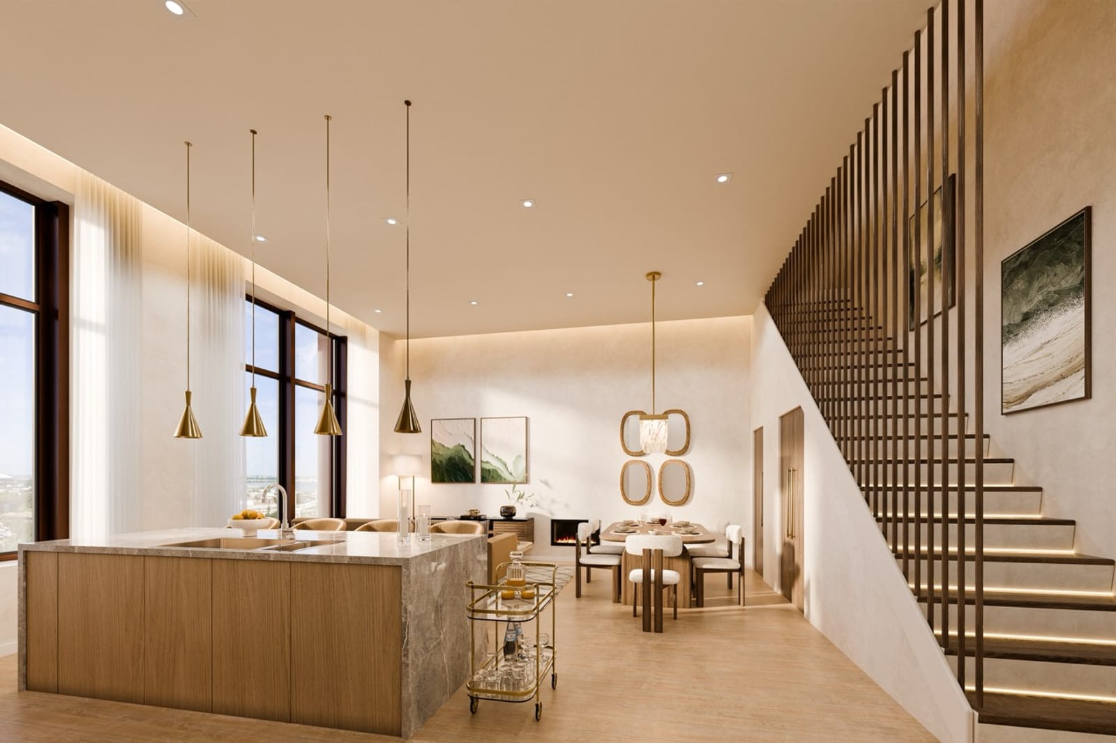 A duplex penthouse living space with a double-height ceiling, marble kitchen island, sculptural staircase, and floor-to-ceiling windows