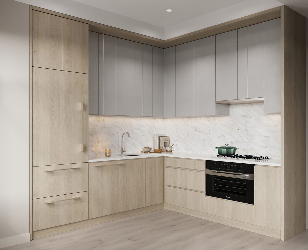 A residence kitchen with light oak lower cabinets, grey uppers, marble backsplash, and integrated Miele appliances