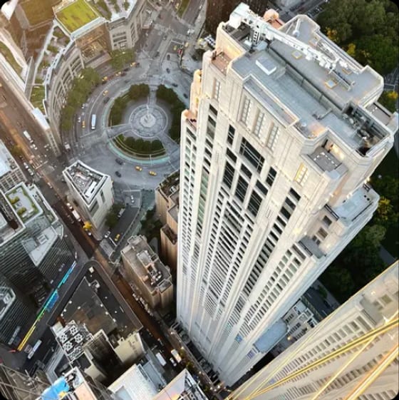 An aerial view of a DeSimone-engineered Manhattan tower above Columbus Circle
