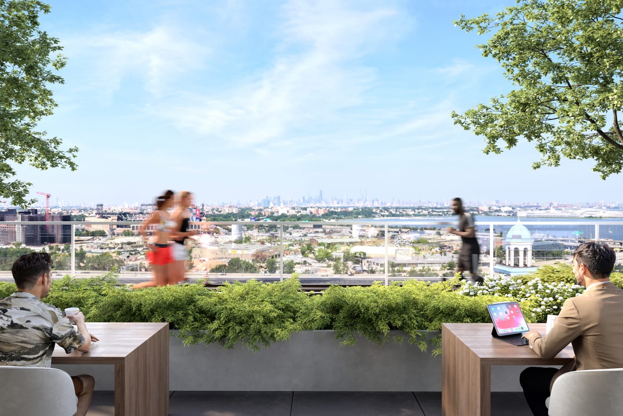 A private rooftop running track above the city skyline